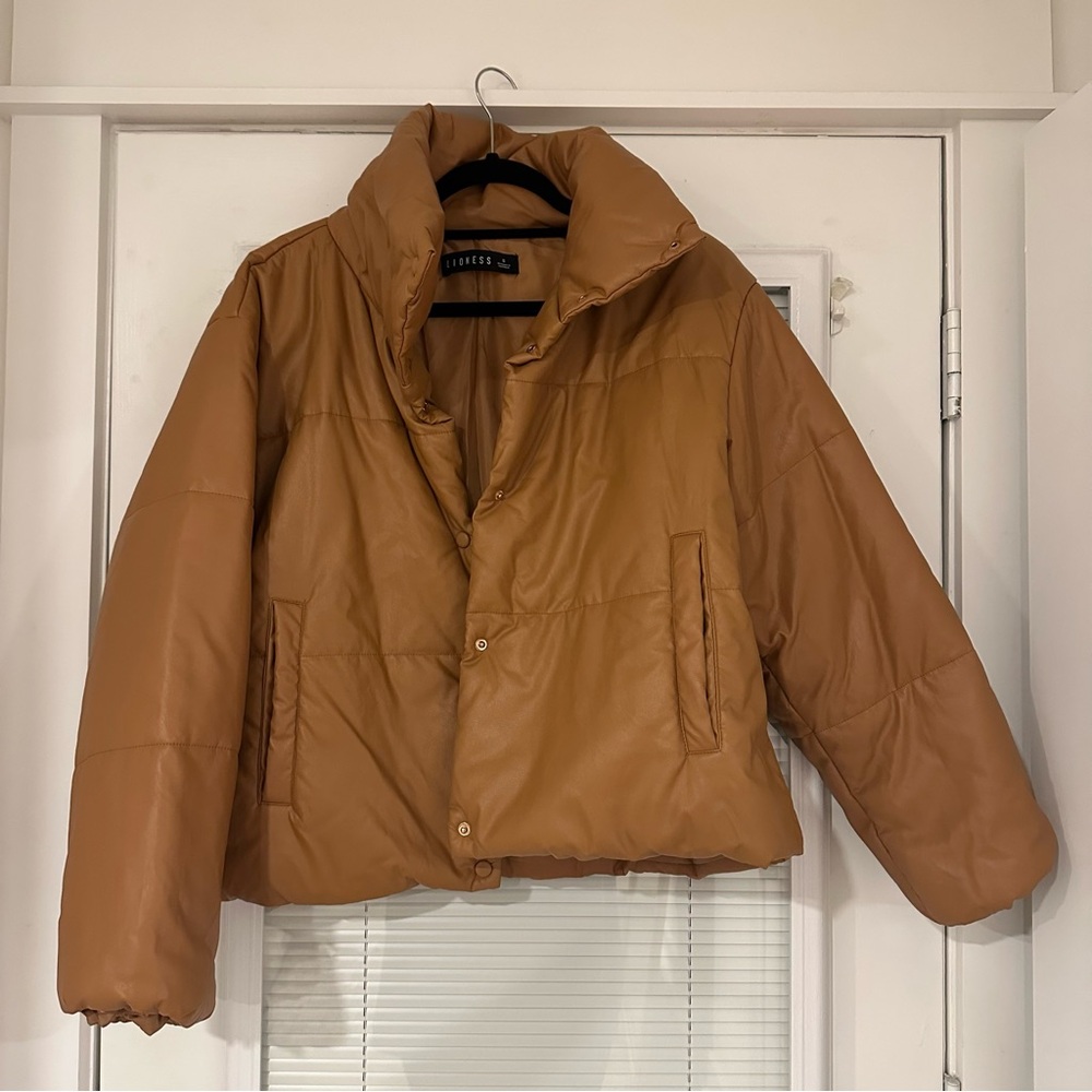 Lioness: brown faux leather puffer jacket
